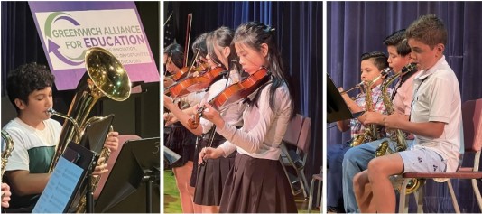Tuning In To Music students playing the horn, violins and wind instruments